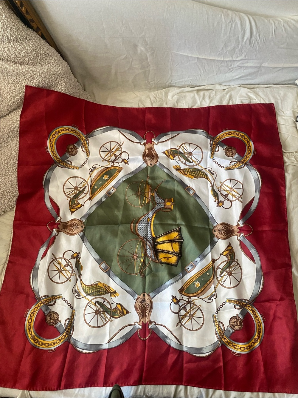 Red, White & Olive Vintage Silk Scarf with Equestrian Carriage Motif